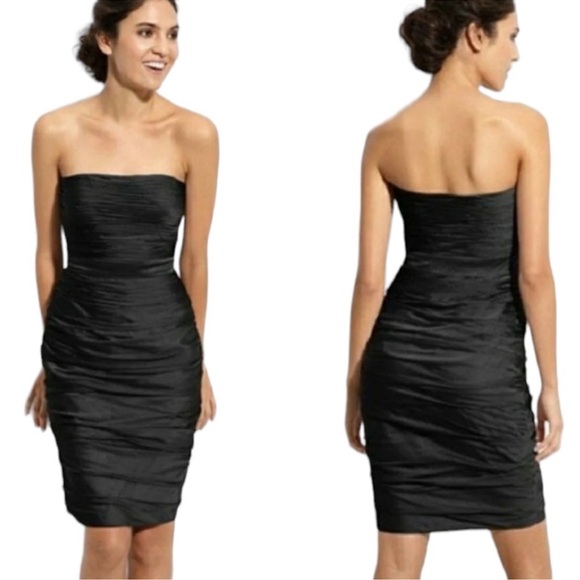 Monique Lhuillier Bridesmaids Strapless Ruched Chiffon Little Black Dress 8 - Picture 2 of 9